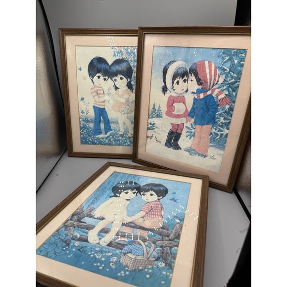 Set of 3 Vintage “Big Eyes” Prints by Lee – 1970s Framed Wall Art – Boy & Girl - Picture 1 of 11
